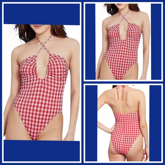 Wild Fable Red &White Gingham Keyhole Ultra High Leg Cheeky One Piece Swimsuit - Picture 1 of 10
